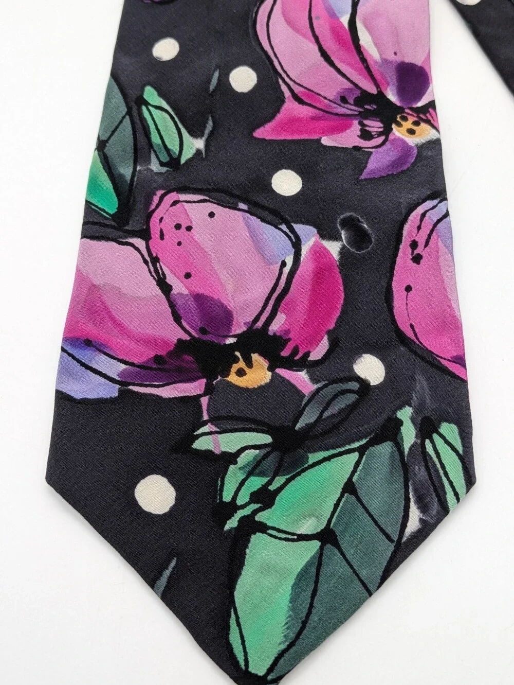 Vintage Robert Daskal Black Pink Floral Hand Painted Silk Tie